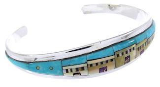 Sterling Silver Native American Village Design Multicolor Cuff Bracelet YS66686
