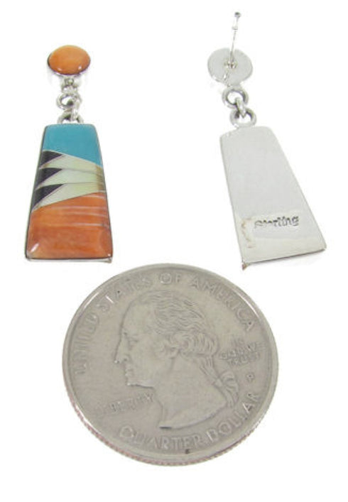 Southwest Multicolor Inlay Silver Post Dangle Earrings FS62359