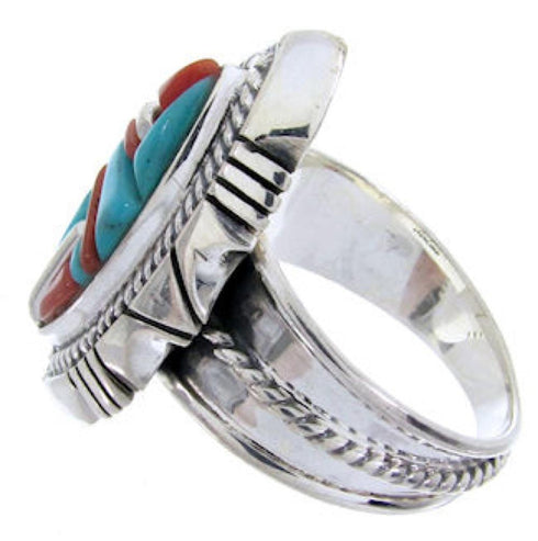Turquoise And Coral Inlay Silver Jewelry Ring Size 6-1/2 BW67009