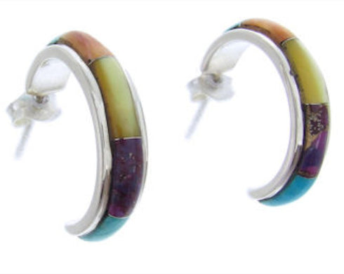 Multicolor Turquoise Inlay Sterling Silver Post Hoop Earrings AW69802