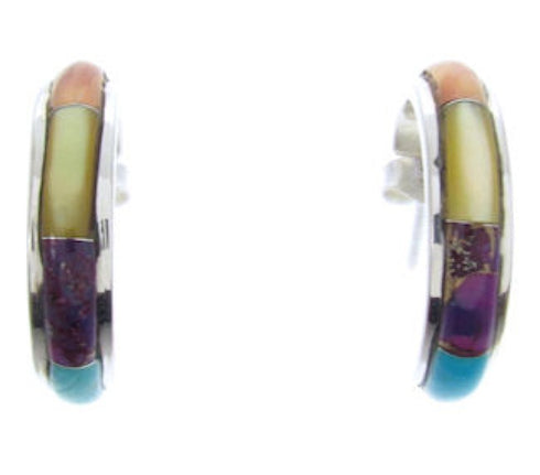 Multicolor Turquoise Inlay Sterling Silver Post Hoop Earrings AW69802
