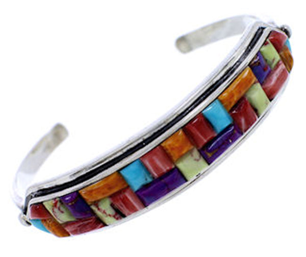 Genuine Sterling Silver Multicolor Inlay Cuff Bracelet PS71196
