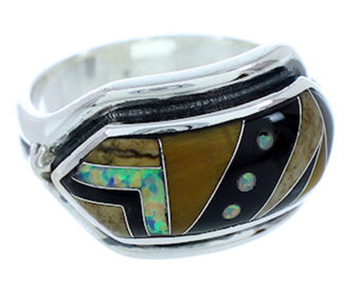 Silver Southwest Multicolor Inlay Jewelry Ring Size 7-1/4 YS72568