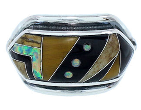 Silver Southwest Multicolor Inlay Jewelry Ring Size 7-1/4 YS72568