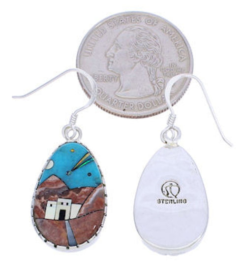 Native American Village Design Multicolor And Silver Earrings EX31665