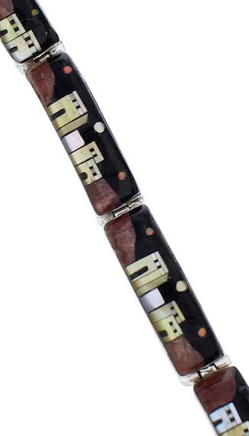 Native American Village Design Multicolor Silver Link Bracelet EX28403