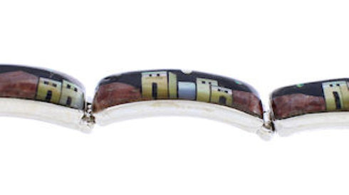 Native American Village Design Multicolor Silver Link Bracelet EX28403