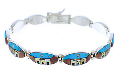 Silver Multicolor Native American Village Design Link Bracelet GS74745