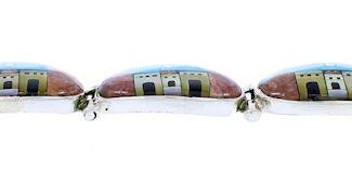 Silver Multicolor Native American Village Design Link Bracelet GS74745
