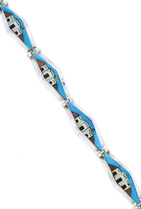 Silver Native American Village Design Multicolor Link Bracelet GS74746