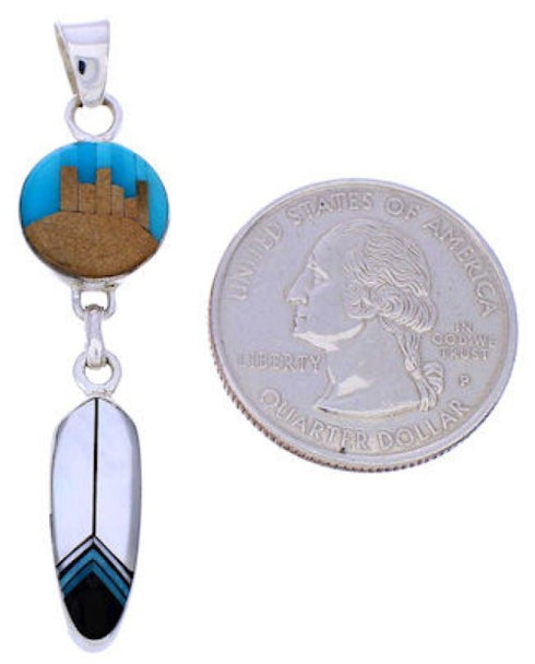 Native American Village Design Multicolor Feather Reversible Pendant MW75025