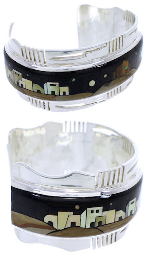 Multicolor Native American Village Design Silver Cuff Bracelet MW75554