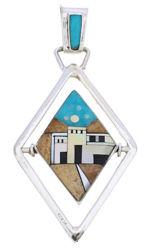 Multicolor Native American Design Reversible Silver Pendant EX29501