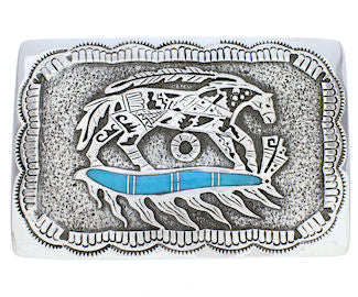 Southwestern Horse Feather Turquoise Inlay Silver Belt Buckle EX29145
