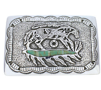 Southwestern Horse Feather Turquoise Inlay Silver Belt Buckle EX29154