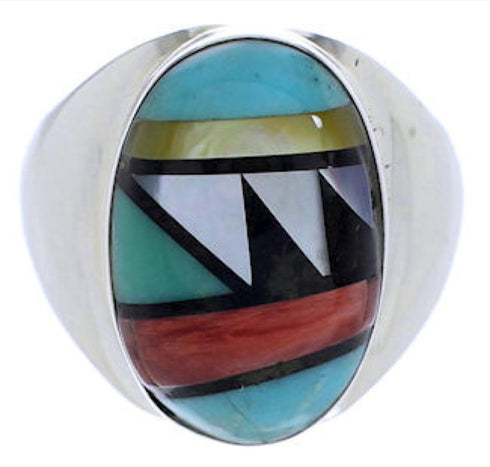 Silver And Multicolor Inlay Jewelry Ring Size 8-1/2 UX39271