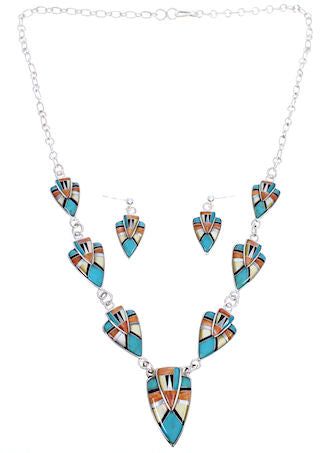 Sterling Silver Multicolor Inlay Link Necklace Set Jewelry PX36853