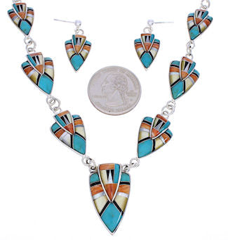 Sterling Silver Multicolor Inlay Link Necklace Set Jewelry PX36853