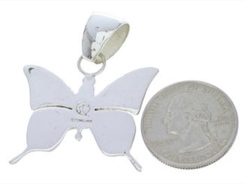 Southwest Butterfly Turquoise Inlay Sterling Silver Pendant EX28687