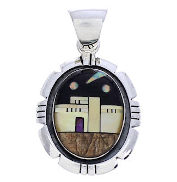 Multicolor Native American Village Design Silver Pendant MW77645
