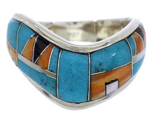 Multicolor Sterling Silver Southwest Inlay Ring Size 7-1/2 JX37806