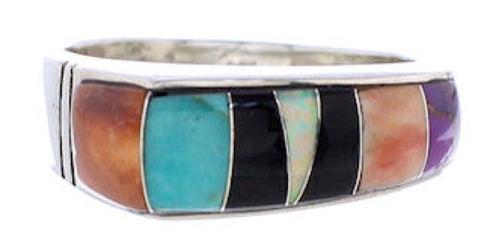 Southwestern Sterling Silver Multicolor Inlay Ring Size 7-1/2 UX36084