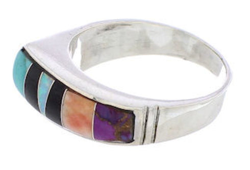 Southwestern Sterling Silver Multicolor Inlay Ring Size 7-1/2 UX36084