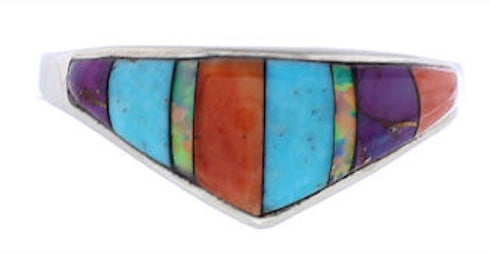 Southwestern Sterling Silver Multicolor Inlay Ring Size 7-3/4 UX36475