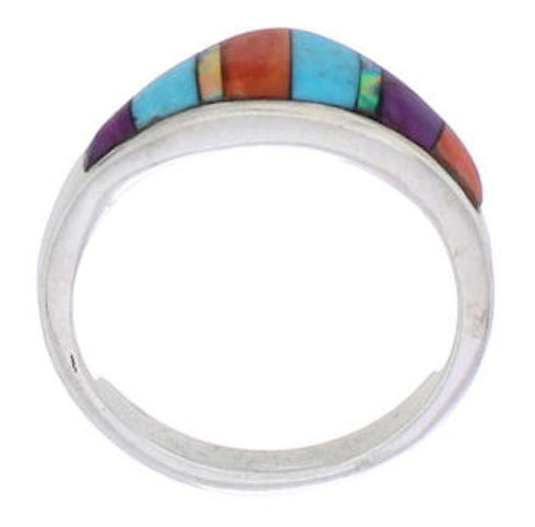 Southwestern Sterling Silver Multicolor Inlay Ring Size 7-3/4 UX36475