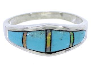 Turquoise And Opal Southwestern Silver Ring Size 6-3/4 EX51044