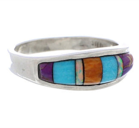 Southwest Multicolor Inlay Sterling Silver Ring Size 6-3/4 CX50640