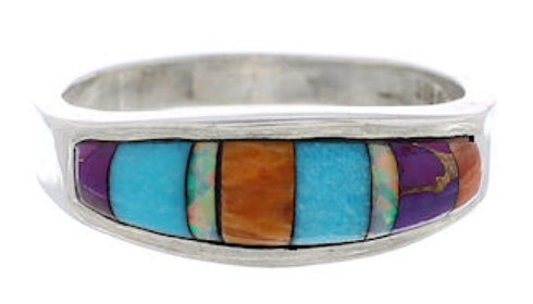 Southwest Multicolor Inlay Sterling Silver Ring Size 6-3/4 CX50640