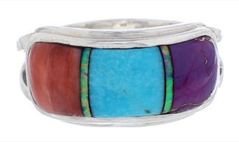 Sterling Silver Southwestern Multicolor Inlay Ring Size 6-3/4 CX50701