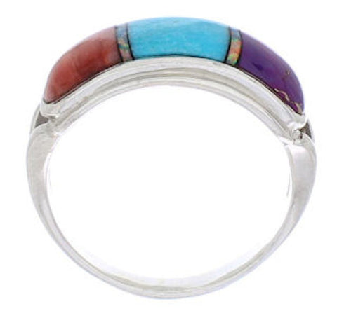 Southwestern Sterling Silver Multicolor Inlay Ring Size 6-1/4 CX50696