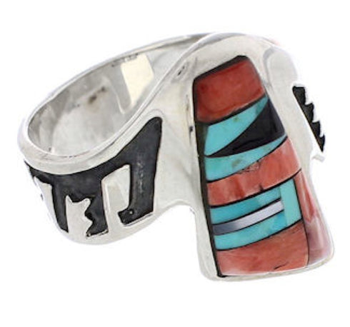 Southwestern Multicolor Inlay Silver Ring Size 7-1/2 EX61187