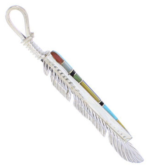 Southwest Multicolor Inlay Silver Feather Pendant EX29716