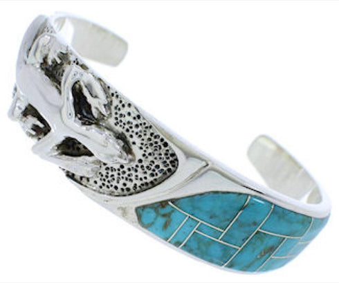 Southwest Lizard Sterling Silver Turquoise Inlay Cuff Bracelet FX27534