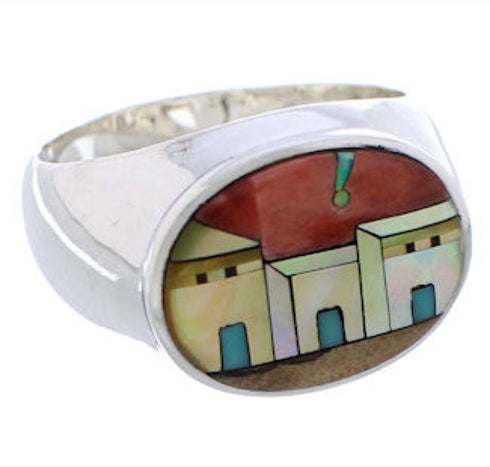 Silver Multicolor Pueblo Design Ring Size 11-1/4 PX42420
