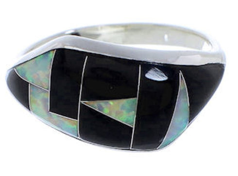 Sterling Silver Black Jade And Opal Inlay Ring Size 8-3/4 EX50532