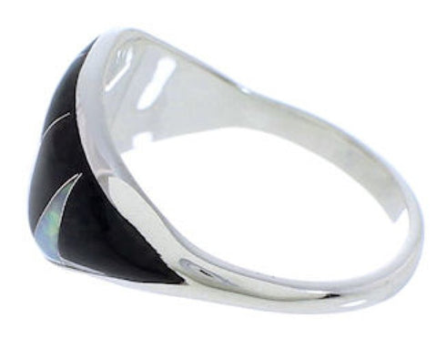 Sterling Silver Black Jade And Opal Inlay Ring Size 8-3/4 EX50532