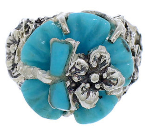 Silver Turquoise Southwestern Flower Dragonfly Ring Size 6-1/2 EX23354