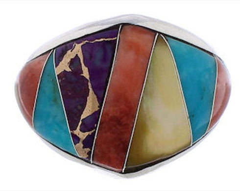 Sterling Silver Multicolor Inlay Jewelry Ring Size 8-3/4 EX22457