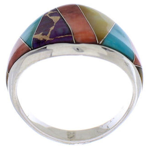 Sterling Silver Multicolor Inlay Jewelry Ring Size 8-3/4 EX22457
