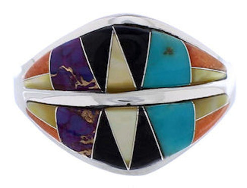 Silver Turquoise Multicolor Inlay Jewelry Ring Size 6-3/4 MX23435