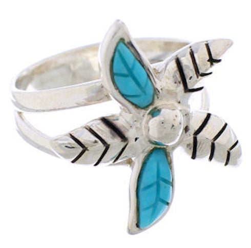 Turquoise Inlay Flower Genuine Silver Ring Size 5-1/4 FX22567