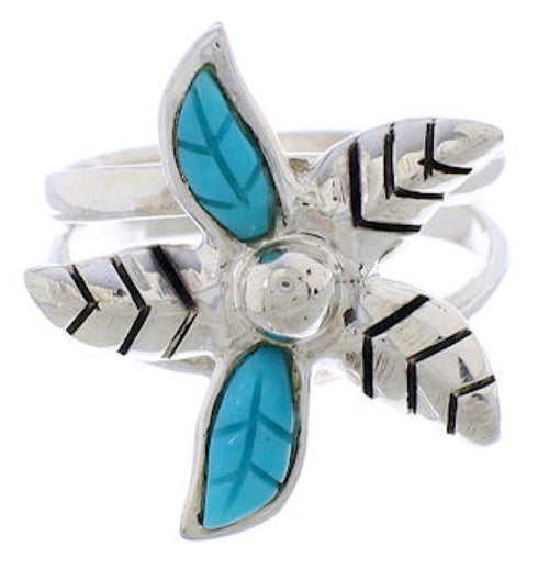 Turquoise Inlay Flower Genuine Silver Ring Size 5-1/4 FX22567