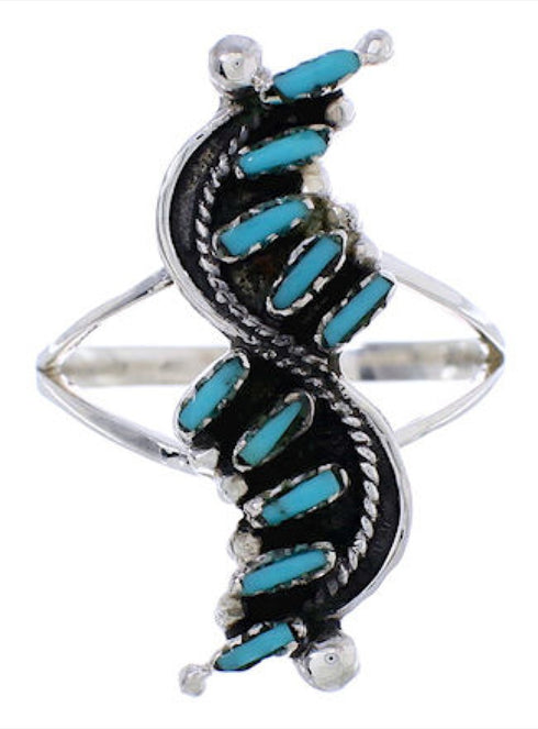 Southwest Needlepoint Turquoise And Silver Ring Size 8-1/2 YX33929