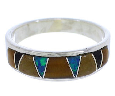 Southwestern Sterling Silver Multicolor Inlay Ring Size 8-1/4 UX37368