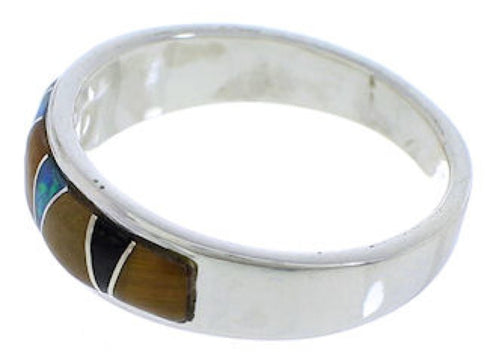 Southwest Sterling Silver Multicolor Inlay Ring Size 7-1/4 UX37359