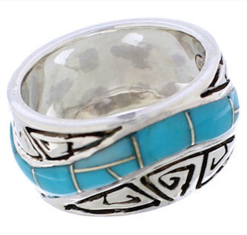 Southwestern Authentic Sterling Silver Turquoise Water Wave Ring Size 6-1/4 QX86948